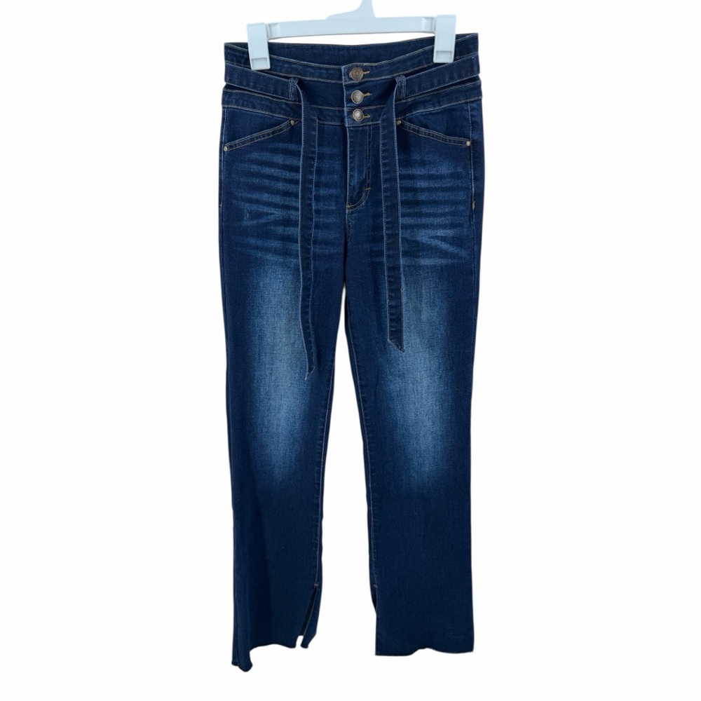 Grace & Lace Dark‎ Wash Belted Split Ankle Bootcut Jeans Stretchy size 8